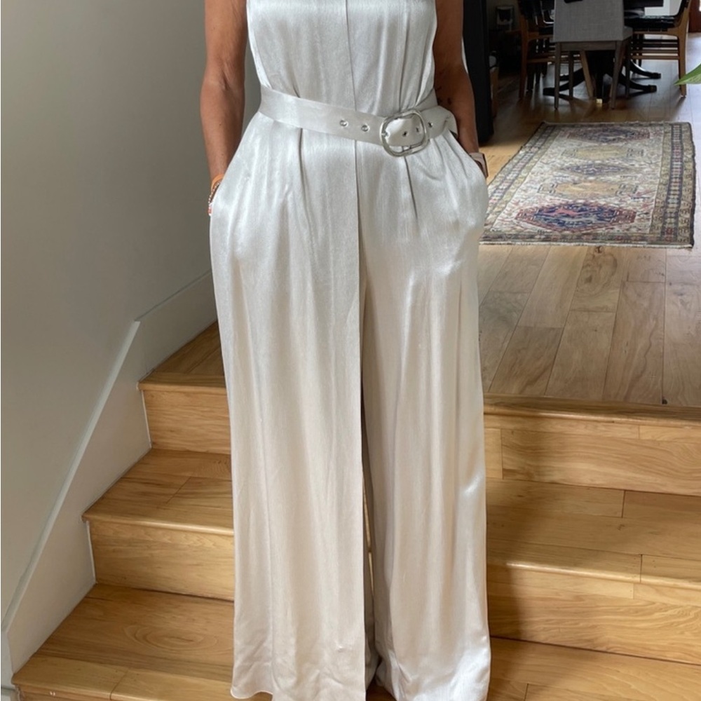 Zara Collection Champagne/White Shiny Jumpsuit with Wide-Leg